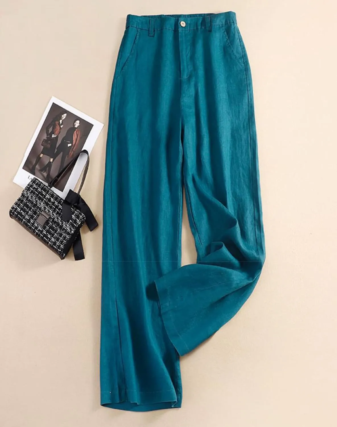 Women's Wide Leg Linen Palazzo Pants Elastic High Waist with Pocket for Work&Daily