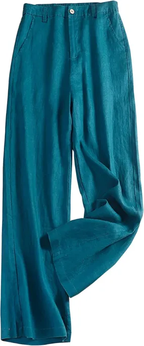 Women's Wide Leg Linen Palazzo Pants Elastic High Waist with Pocket for Work&Daily