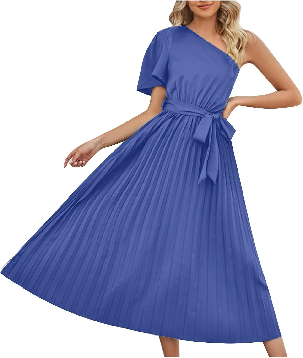 Women's Wrap Midi Dress Summer Causal Tie Waist Flowy A-Line Pleated Dress Elegant Evening Dress Cocktail Party Dress