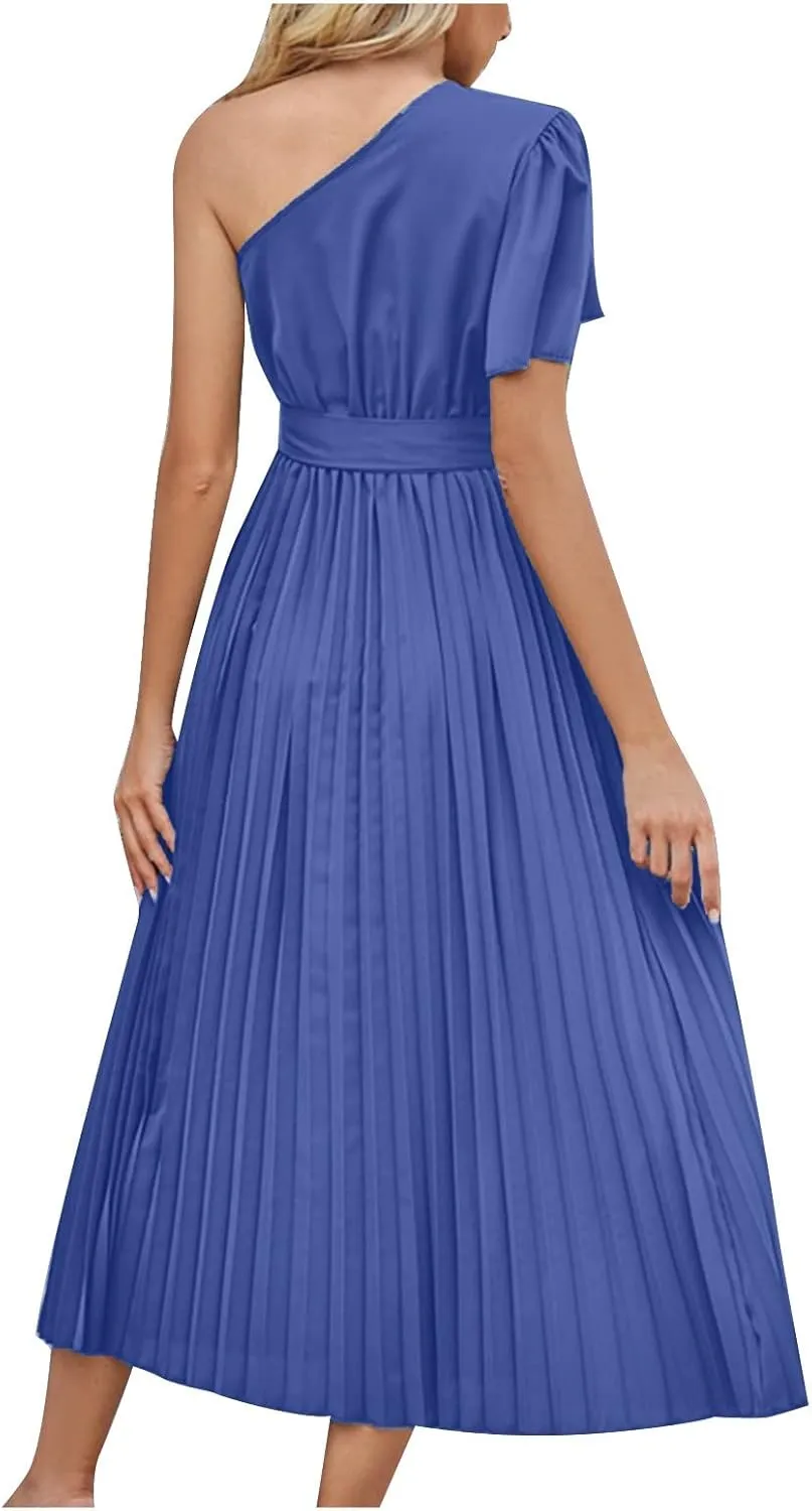Women's Wrap Midi Dress Summer Causal Tie Waist Flowy A-Line Pleated Dress Elegant Evening Dress Cocktail Party Dress