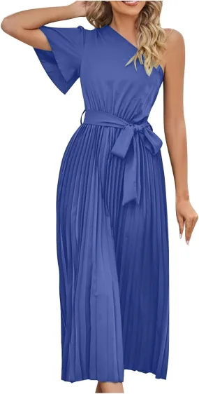 Women's Wrap Midi Dress Summer Causal Tie Waist Flowy A-Line Pleated Dress Elegant Evening Dress Cocktail Party Dress