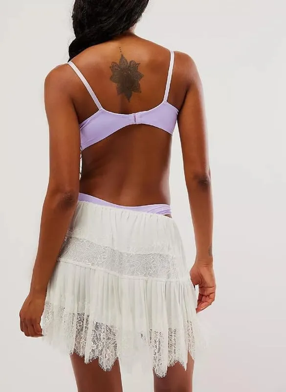 Y2k Ruffle Mini Skirt for Women Lace Hem Low Rise Pleated Short Skirt Fairy A-line Tiered Flowy Skirt Streetwear