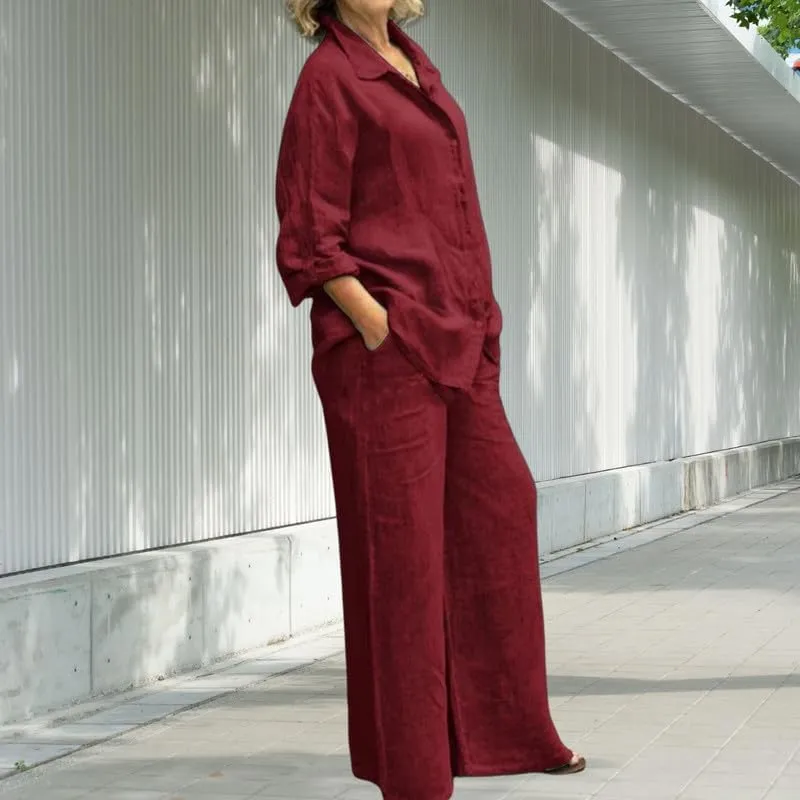 ZOCAVIA Women's Cotton Linen Set Summer Button Down Long Sleeve Shirt Wide Leg Pants Suit Casual Matching Set with Pockets