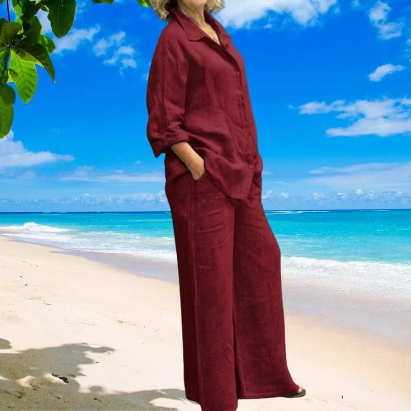 ZOCAVIA Women's Cotton Linen Set Summer Button Down Long Sleeve Shirt Wide Leg Pants Suit Casual Matching Set with Pockets