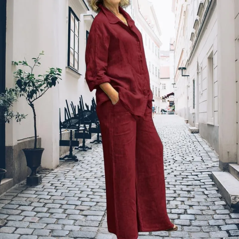 ZOCAVIA Women's Cotton Linen Set Summer Button Down Long Sleeve Shirt Wide Leg Pants Suit Casual Matching Set with Pockets
