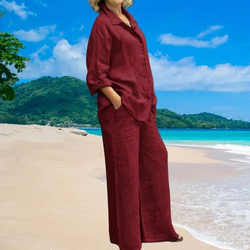 ZOCAVIA Women's Cotton Linen Set Summer Button Down Long Sleeve Shirt Wide Leg Pants Suit Casual Matching Set with Pockets