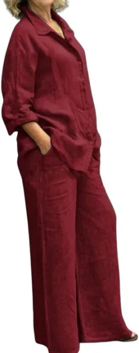 ZOCAVIA Women's Cotton Linen Set Summer Button Down Long Sleeve Shirt Wide Leg Pants Suit Casual Matching Set with Pockets